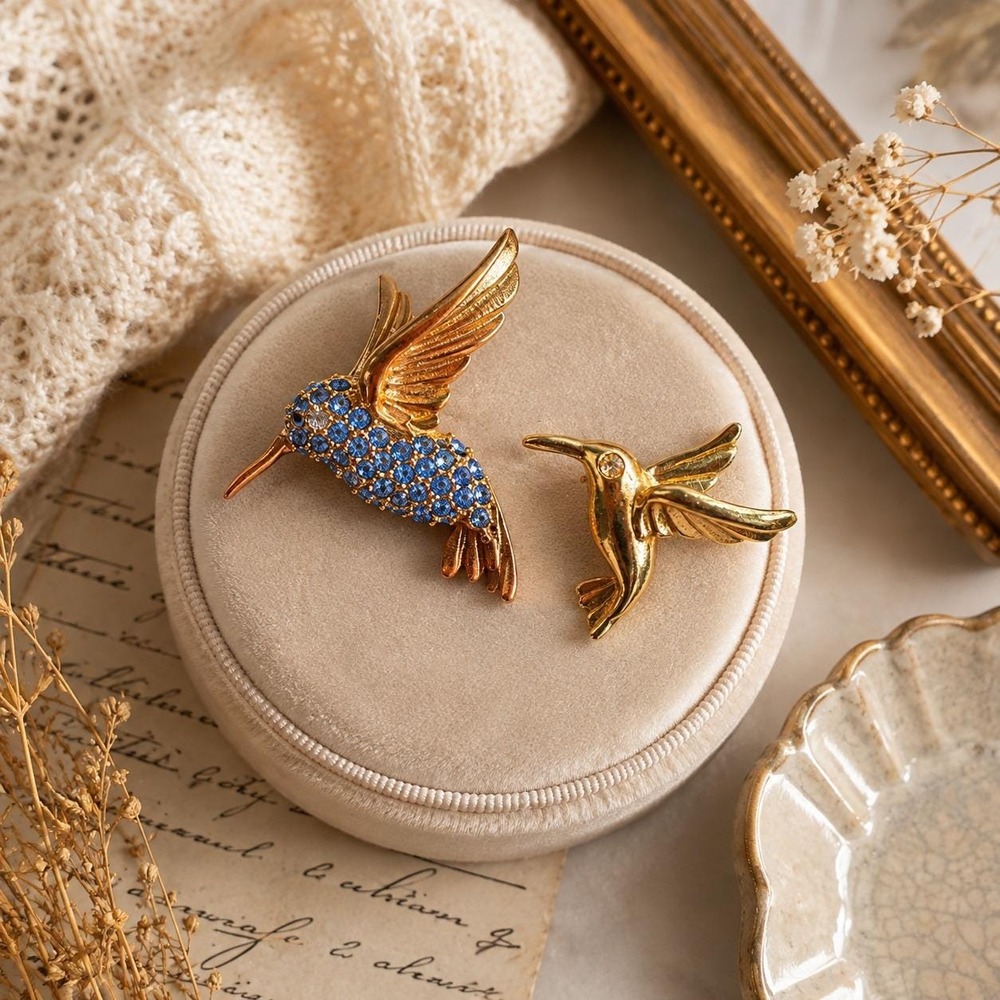 Vintage Avon Smithsonian Hummingbird Pin Set Blue Rhinestone Brooch September